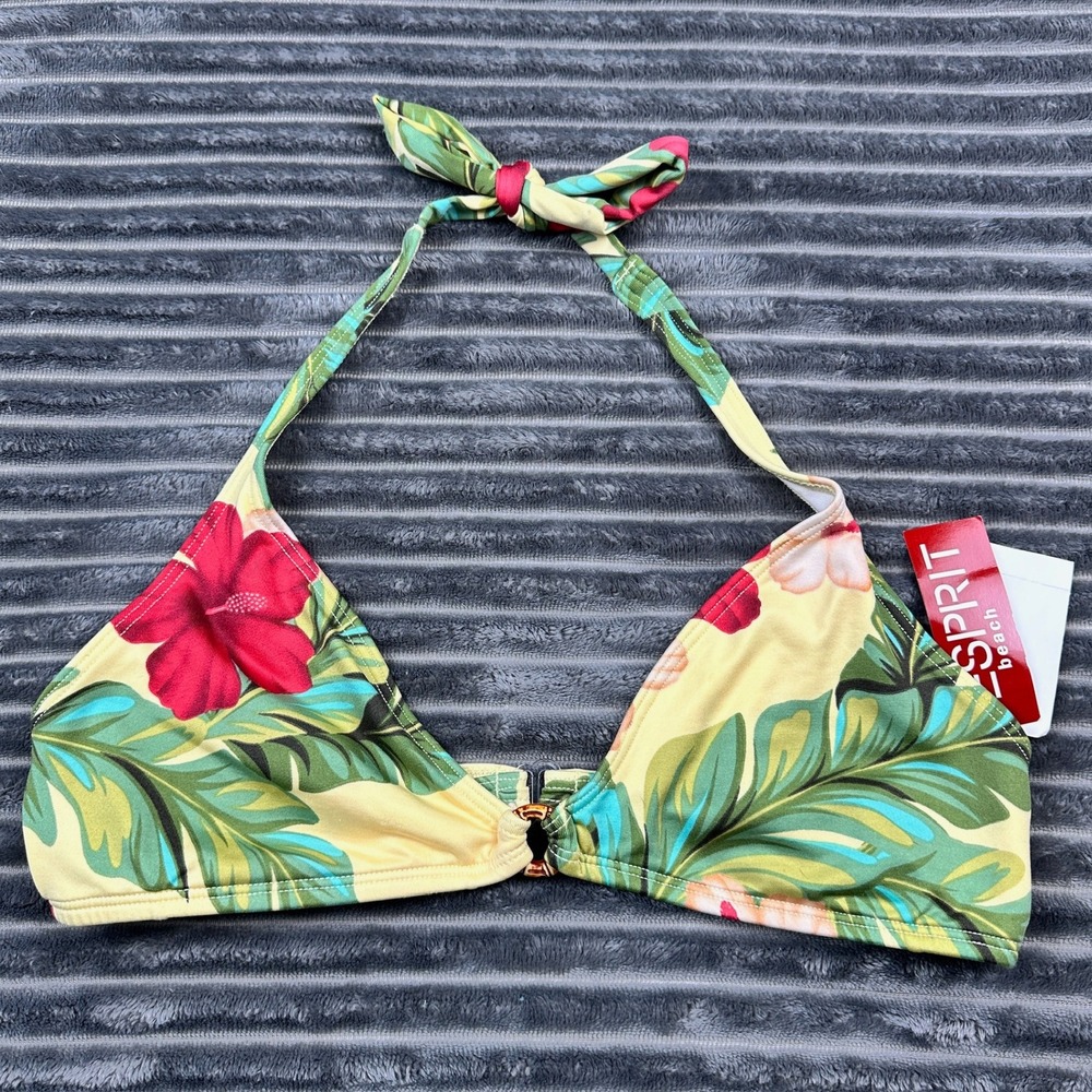 NWT Esprit Beach Tropical Floral Halter Bikini Top Yellow Red Green Large